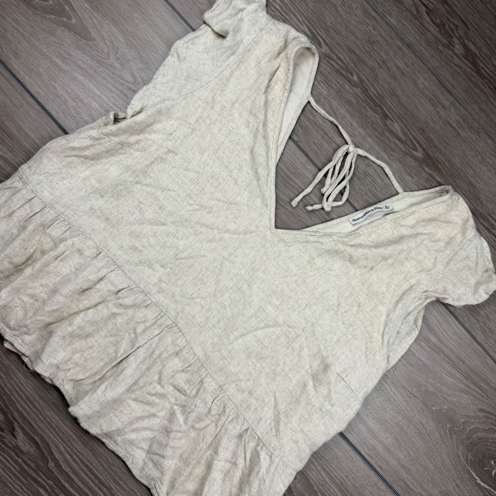 Abercrombie & Fitch Womens Peplum Top Linen Blend V-Neck Beige XL